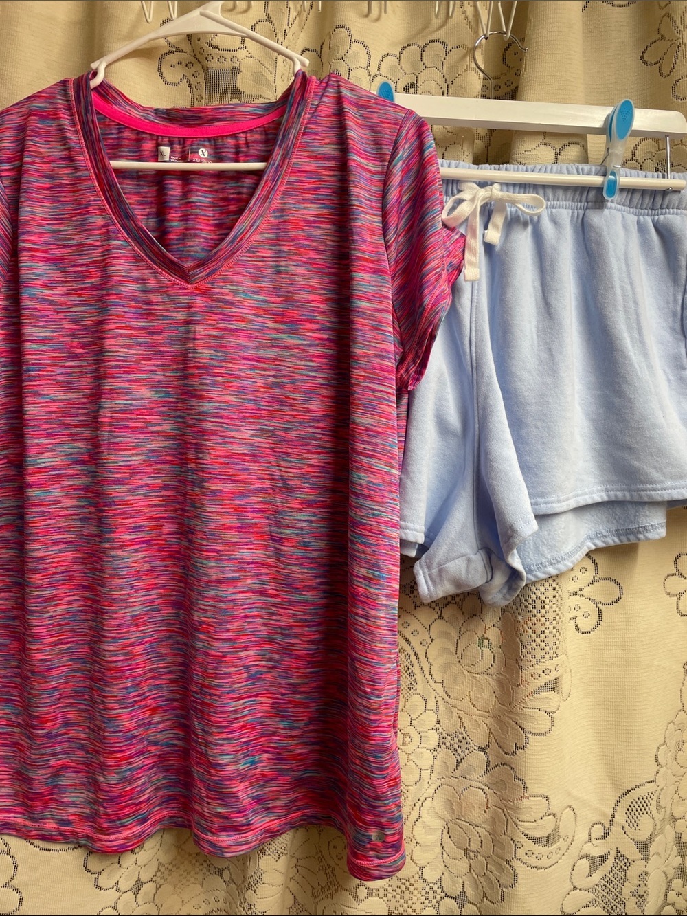 Xersion Pink Multi-Stripe Space-Dyed V-Neck XLG & Lt. Blue Lounge Shorts Large